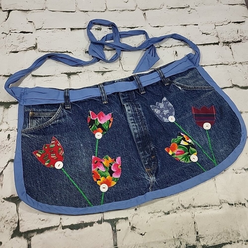 Handmade Denim Half Apron Flower Patchwork Buttons Original By Barbara VTG